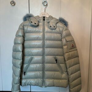 Girls Moncler Down Jacket with Fur Trim in Light Blue